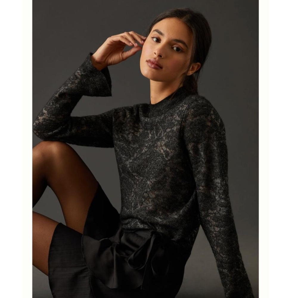 Anthropologie Hanna Lace Merino Wool Mock Neck Sweater in Black, Women's Small - Picture 3 of 9